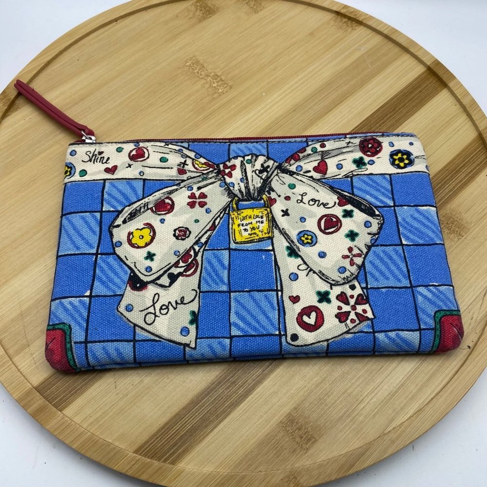 Brighton With Love From Me To You Bow Zip Canvas Fabric Makeup Pouch Bag 9"x5.5"